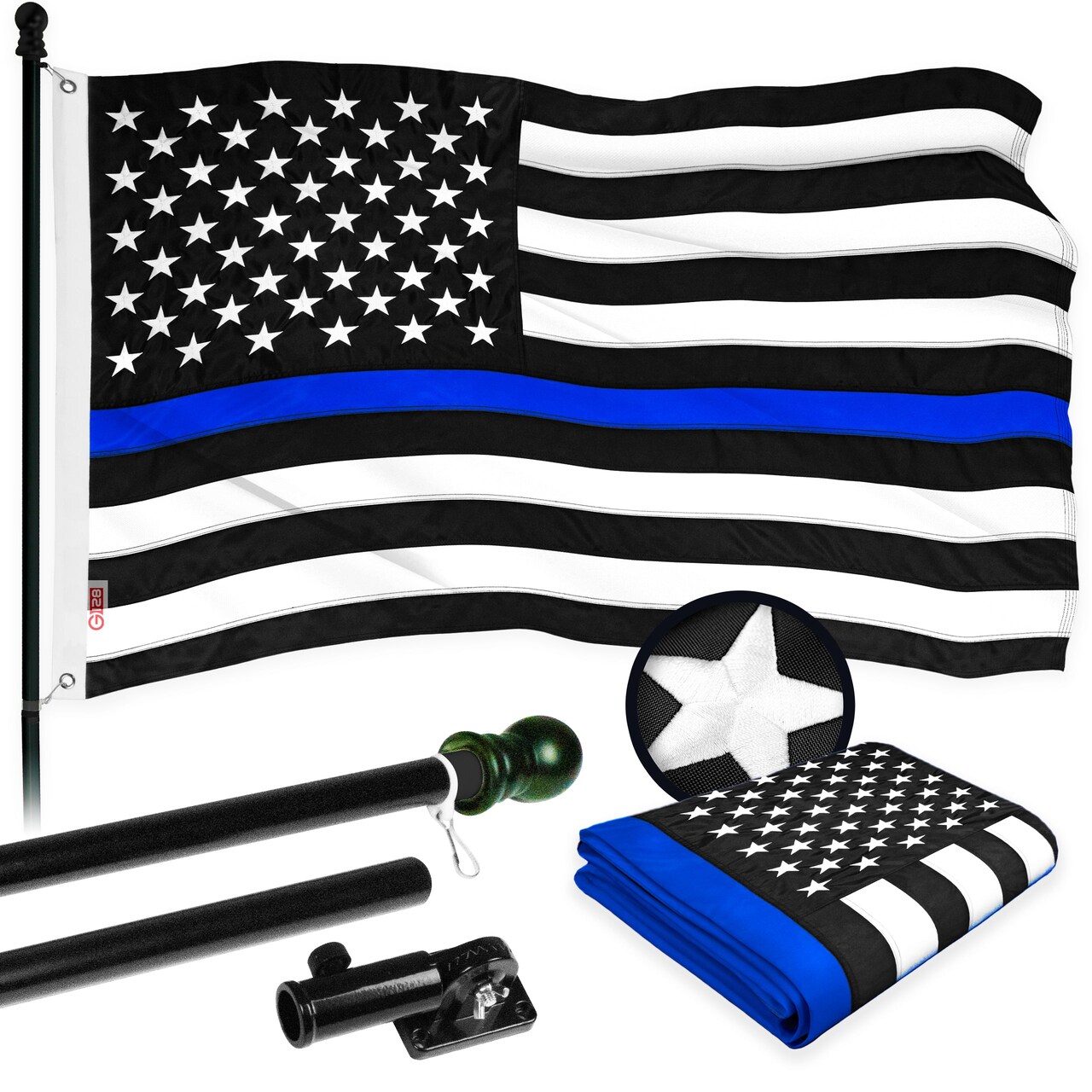 G128 - 5 Feet Tangle Free Spinning Flagpole (Black) Thin Blue Line Flag Brass Grommets Embroidered 2x3 ft (Flag Included) Aluminum Flag Pole